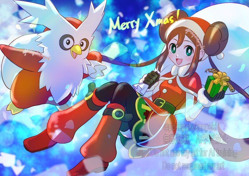 1girl :d black_gloves black_thighhighs box brown_hair capelet delibird double_bun dress gen_2_pokemon gift gift_box gloves green_eyes hair_bun hat highres holding holding_gift holding_sack long_hair looking_at_viewer merry_christmas nintendo open_mouth pokemon pokemon_(creature) pokemon_masters_ex pokepokekonpeki red_capelet red_footwear red_hat rosa_(holiday_2019)_(pokemon) rosa_(pokemon) sack santa_costume santa_dress santa_hat smile snow thighhighs twintails twitter_username
