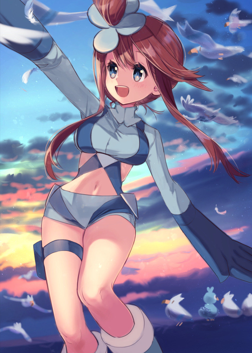1girl :d arm_up belt blue_belt blue_eyes blue_footwear blue_gloves blue_jacket blue_shorts blue_sky boots breasts cloud cloudy_sky commentary_request crop_top cropped_jacket ducklett elbow_gloves falling_feathers feathers game_freak gen_3_pokemon gen_5_pokemon gloves hair_between_eyes hair_ornament harness highres hitsuji_hiko_(mareep15) jacket knee_boots long_sleeves looking_up medium_breasts midriff navel nintendo one_side_up open_mouth outdoors pokemon pokemon_(creature) pokemon_bw pouch red_hair short_hair_with_long_locks short_shorts shorts sidelocks sky skyla_(pokemon) smile solo_focus sunset swanna swept_bangs thigh_pouch thigh_strap wingull