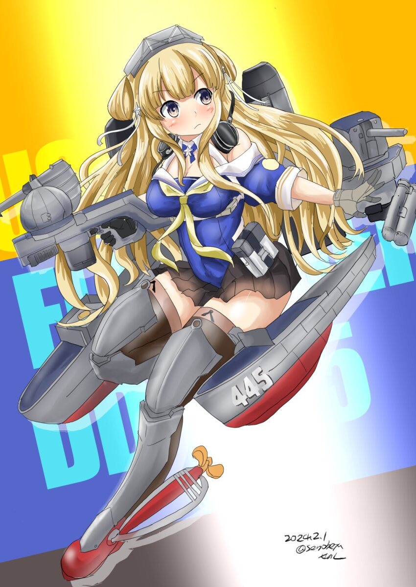 1girl adapted_turret blonde_hair blue_eyes blue_hairband blue_shirt breasts cannon cleavage dated double_bun fletcher_(kancolle) fletcher_mk_ii_(kancolle) full_body hair_bun hair_ornament hairband highres kantai_collection large_breasts long_hair looking_at_viewer machinery neckerchief off_shoulder pleated_skirt rigging sailor_collar school_uniform senon serafuku ship_turret shirt skirt smokestack solo star_(symbol) star_hair_ornament torpedo_launcher torpedo_tubes twitter_username white_sailor_collar yellow_neckerchief