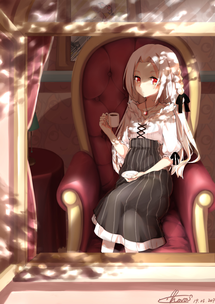 1girl absurdres alternate_costume alternate_hairstyle arm_rest armchair artist_name black_ribbon black_skirt blouse braid chair closed_mouth collarbone crossed_legs cup curtains cyta_celest dated expressionless female_focus from_outside gem glint hair_ribbon hand_on_own_thigh hand_up high-waist_skirt highres holding holding_cup holding_saucer jewelry lamp light long_hair long_skirt looking_outside necklace pedestal pendant picture_frame puffy_sleeves red_eyes red_gemstone ribbon ribbon-trimmed_clothes ribbon_trim saucer shade shadow shirt signature sitting skirt solo striped_clothes striped_skirt sunlight through_window underbust vertical-striped_clothes vertical-striped_skirt vittorio_veneto_(warship_girls_r) wallpaper_(object) warship_girls_r white_hair white_shirt window