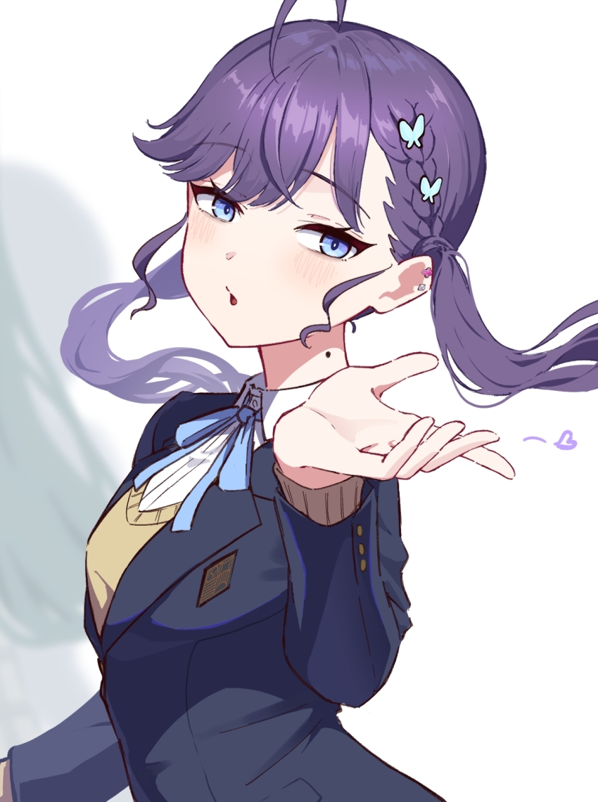 1girl blowing_kiss blue_eyes blue_ribbon blue_suit braid butterfly_hair_ornament formal_clothes gakuen_idolmaster hair_ornament highres hyoe_(hachiechi) idolmaster kaya_rinha mole mole_on_neck neck_ribbon open_mouth purple_hair ribbon shirt solo suit twintails white_background white_shirt