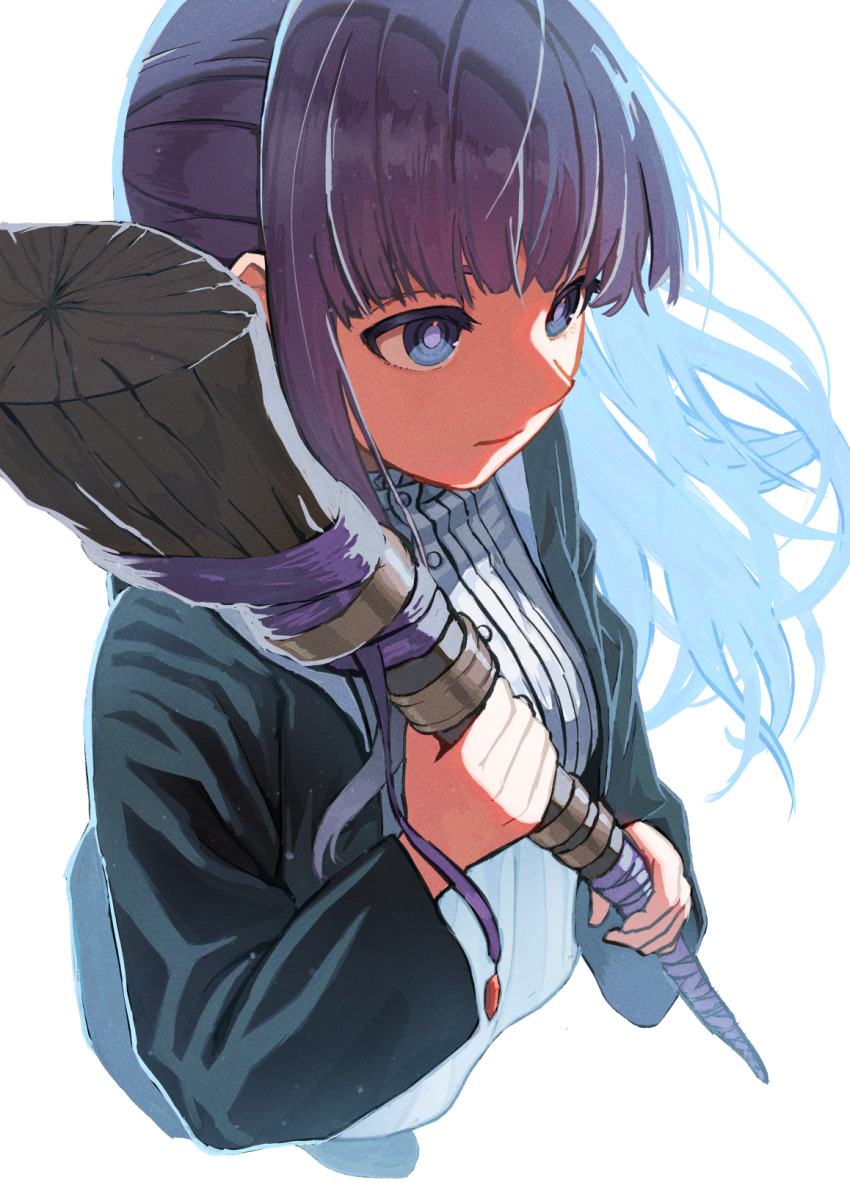 1girl black_coat closed_mouth coat dress fern_(sousou_no_frieren) highres holding holding_staff long_hair mage_staff purple_eyes purple_hair solo sousou_no_frieren staff toraneko white_background white_dress