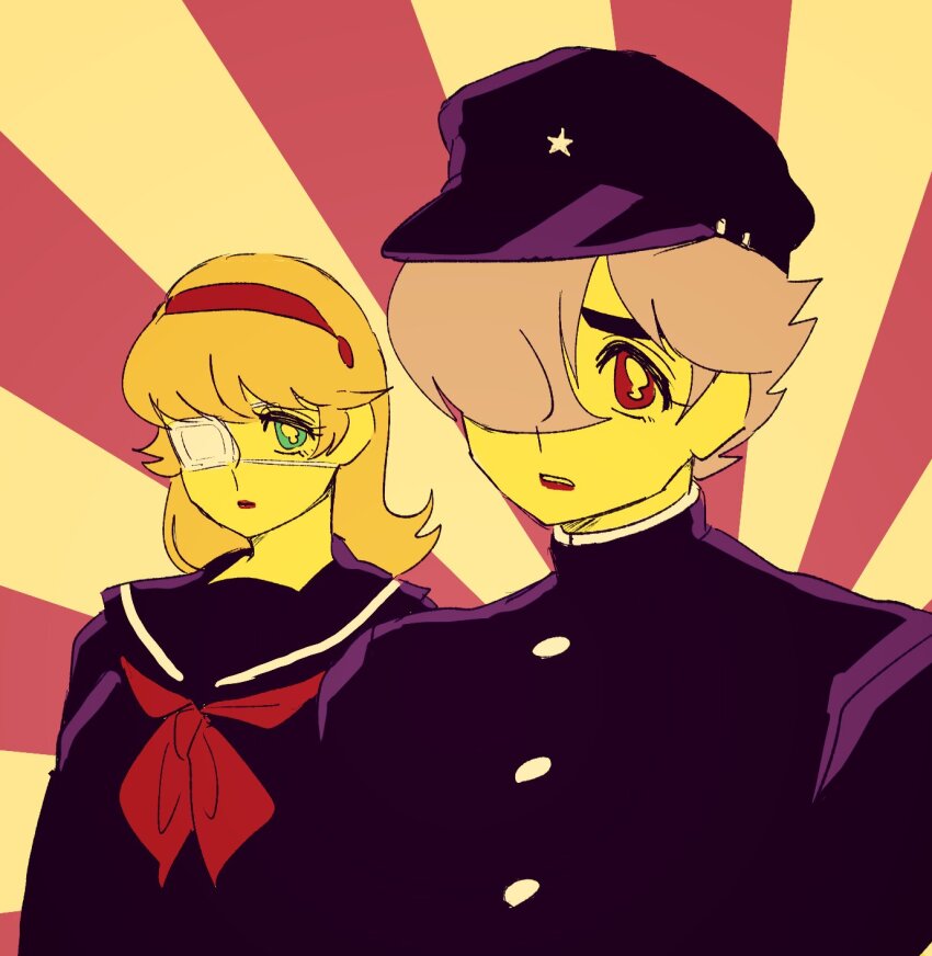 1boy 1girl blonde_hair brown_eyes brown_hair couple cyborg cyborg_009 francoise_arnoul gakuran green_eyes hair_over_one_eye hairband hat highres long_hair peaked_cap red_hairband red_lips school_uniform shimamura_joe star_(symbol) y02skman
