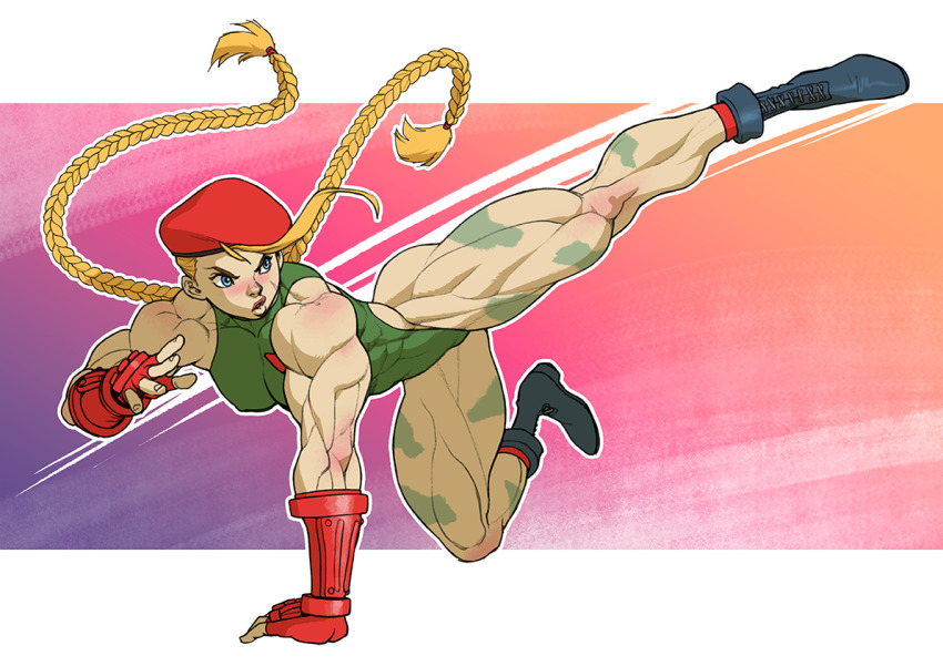 1girl beret blonde_hair blue_boots blue_eyes blush bodypaint boots braid breasts cammy_white capcom female_focus fingerless_gloves full_body gloves hat leotard lips long_hair medium_breasts muscular muscular_female pokkuti scar scar_on_face solo street_fighter twin_braids twintails very_long_hair