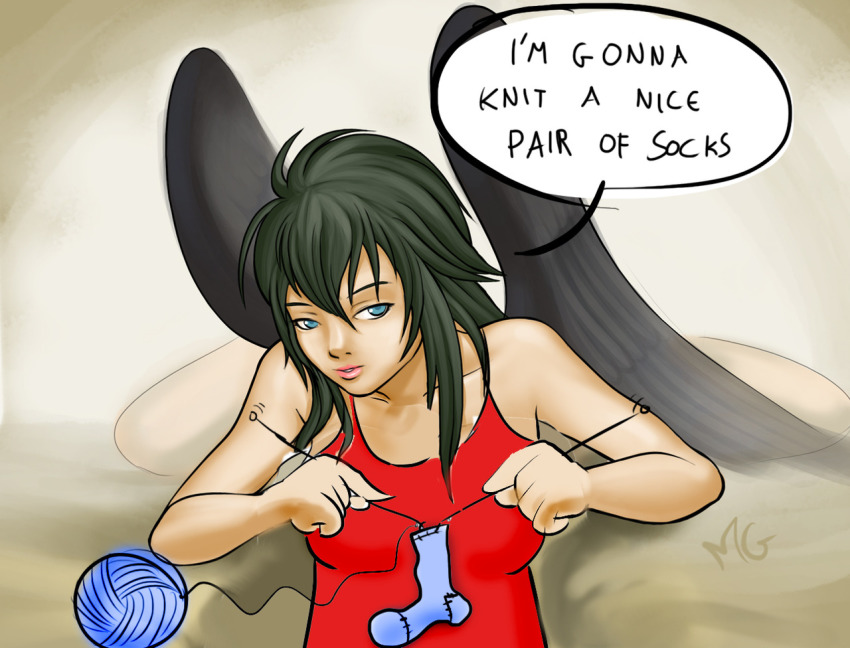 1girl black_hair black_wings blue_eyes camisole commentary english_text fire_emblem fire_emblem:_radiant_dawn knitting knitting_needle long_hair mario_grant needle nintendo vika_(fire_emblem) wings yarn yarn_ball
