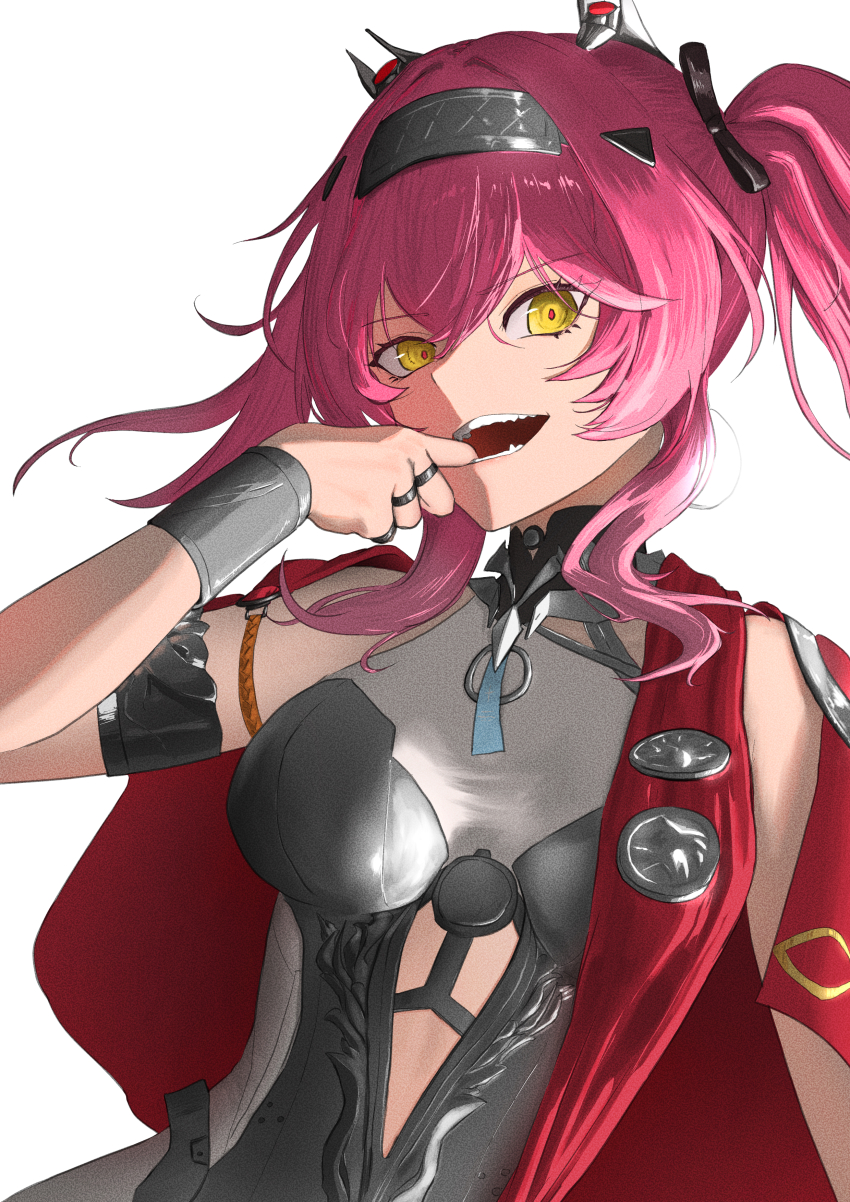1girl absurdres armor bell_(only-id_228) black_bow bow breastplate breasts commentary_request finger_in_own_mouth hair_bow hair_ornament hairband headgear highres large_breasts long_hair looking_at_viewer lupa_(wuthering_waves) metal_hairband open_mouth pink_hair red_pupils red_sash sash simple_background smile solo upper_body white_background wrist_guards wuthering_waves yellow_eyes
