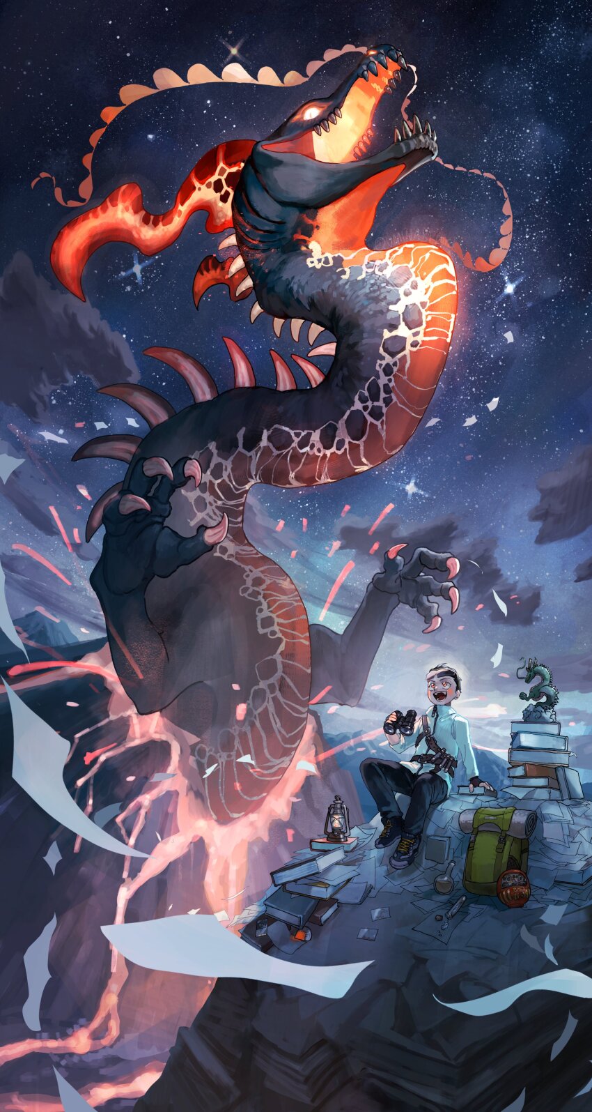 1boy absurdres backpack bag black_hair black_pants black_scales black_shoes blunt_bangs book claws cloud dragon eastern_dragon flask highres horns lamp lava monster monster_focus narumi_hyou night night_sky non-circular_lens_flare open_mouth orange_horns orange_scales original pants paper pile_of_books sharp_teeth shirt shoes short_hair shoulder_strap sky sneakers spines teeth volcano whiskers white_shirt