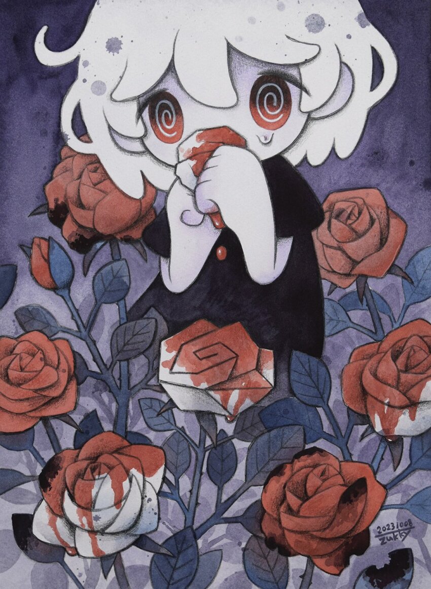1girl @_@ artist_name ballpoint_pen_(medium) black_background black_dress blood blood_drip blood_on_flower blue_flower bud buttons colored_pencil_(medium) commentary_request covered_mouth dated dated_commentary dress flower hands_up highres holding holding_tissue medium_hair no_nose no_sclera nosebleed original painting_(medium) pale_skin pen_(medium) red_eyes red_flower red_rose rose short_sleeves solo splatter thorns tissue traditional_media watercolor_(medium) white_flower white_hair white_rose zukky000
