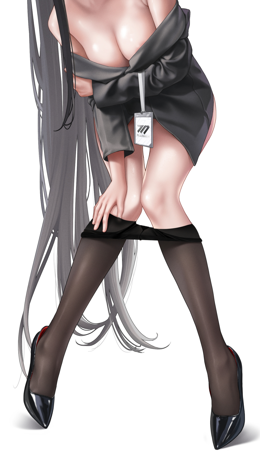 1girl absurdres areola_slip bare_shoulders black_hair black_pantyhose black_shorts blazer blue_archive breasts chenyuki christian_louboutin_(brand) cleavage clothes_pull head_out_of_frame high_heels highres jacket long_hair louboutins off_shoulder pantyhose pantyhose_pull patent_heels pumps red_soles rio_(blue_archive) shoes shorts simple_background solo stiletto_heels very_long_hair white_background