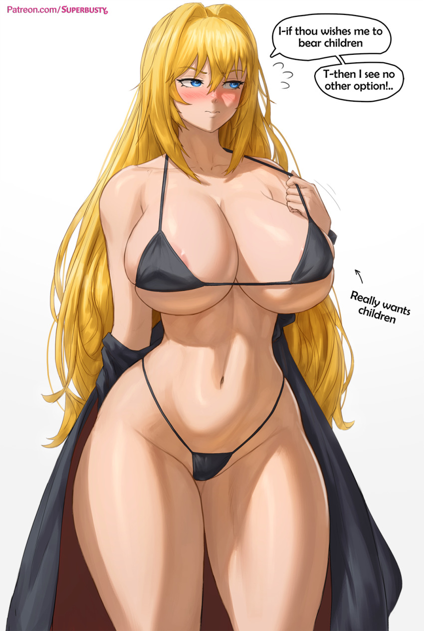 1girl areola_slip averting_eyes bare_shoulders bikini black_bikini blonde_hair blue_eyes blush breasts cleavage collarbone commentary english_text flying_sweatdrops groin hair_between_eyes hair_intakes hand_up highleg highleg_bikini highres huge_breasts linea_alba long_hair looking_to_the_side micro_bikini motion_lines navel nose_blush paid_reward_available patreon_username sekirei simple_background skindentation solo string_bikini superbusty swimsuit thick_thighs thighs tsukiumi underboob very_long_hair watermark web_address wide_hips