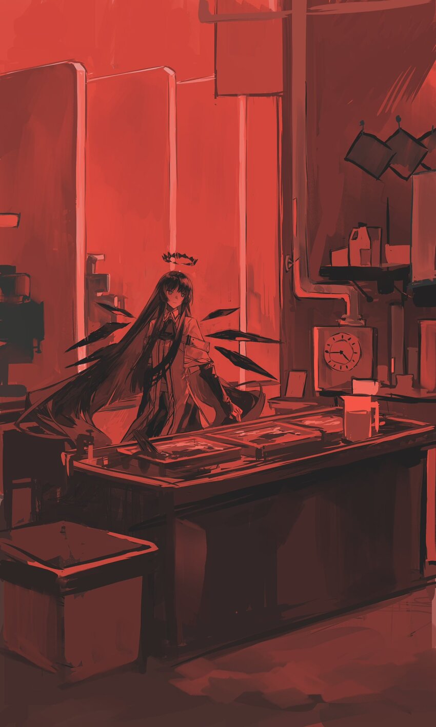 1girl arknights capelet clock closed_mouth darkroom desk elbow_gloves energy_wings expressionless gloves halo highres indoors long_hair neck_ribbon pe902 pitcher_(container) red_theme ribbon robe solo standing tongs very_long_hair virtuosa_(arknights) wall_clock wide_shot