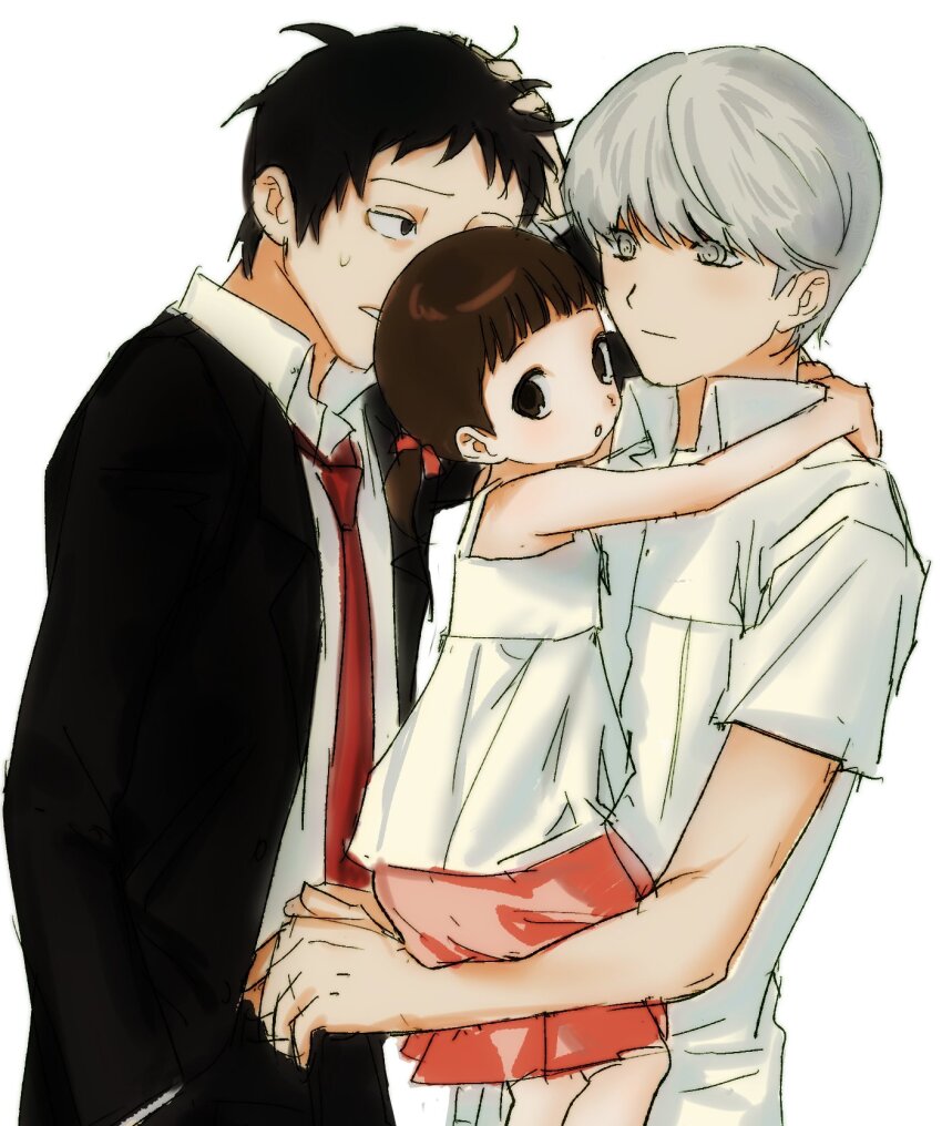 1girl 2boys adachi_tooru black_suit damogjeogg7254 doujima_nanako formal_clothes hand_in_pocket highres hug looking_at_another looking_at_viewer multiple_boys narukami_yu persona persona_4 picking_up school_uniform scratching_head suit sweatdrop yasogami_school_uniform