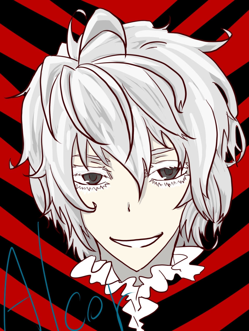 10s 1boy bad_id bad_pixiv_id character_name devil_survivor_(series) devil_survivor_2 eyelashes grey_eyes highres kasujima_(kan&#039;u) male_focus melancholy_man messy_hair popped_collar portrait smile solo spoilers white_hair