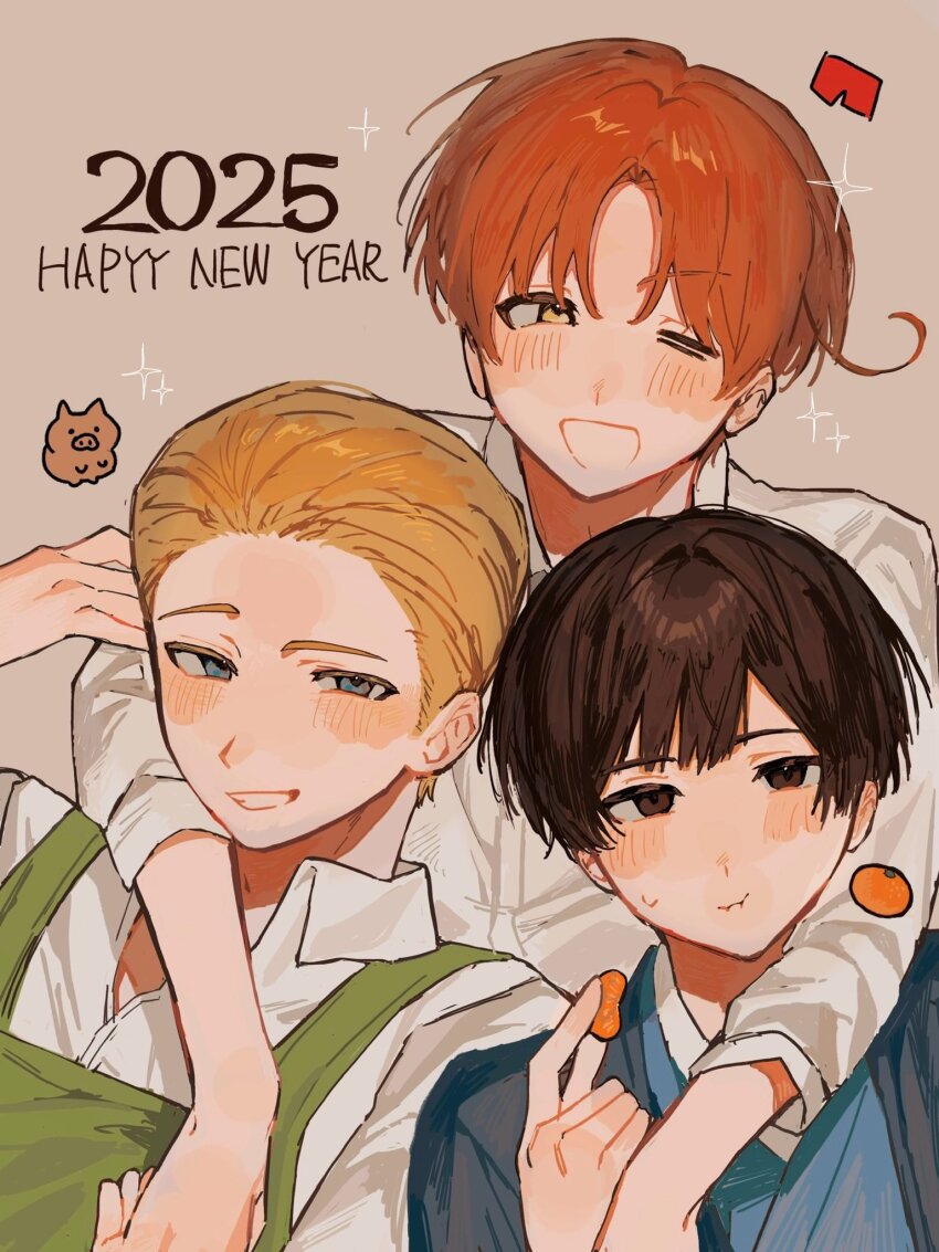 2025 3boys ahoge animal apron axis_powers_hetalia blonde_hair blue_eyes blue_kimono blush brown_eyes brown_hair closed_mouth collared_shirt eating english_text food fruit germany_(hetalia) green_apron grey_background hand_up haori happy_new_year highres holding holding_food holding_fruit japan_(hetalia) japanese_clothes kimono long_sleeves looking_at_viewer male_focus mandarin_orange multiple_boys narabiii400 new_year northern_italy_(hetalia) one_eye_closed open_clothes open_mouth orange_hair parted_bangs pig shirt short_hair simple_background smile sparkle sweatdrop teeth upper_body white_shirt yellow_eyes