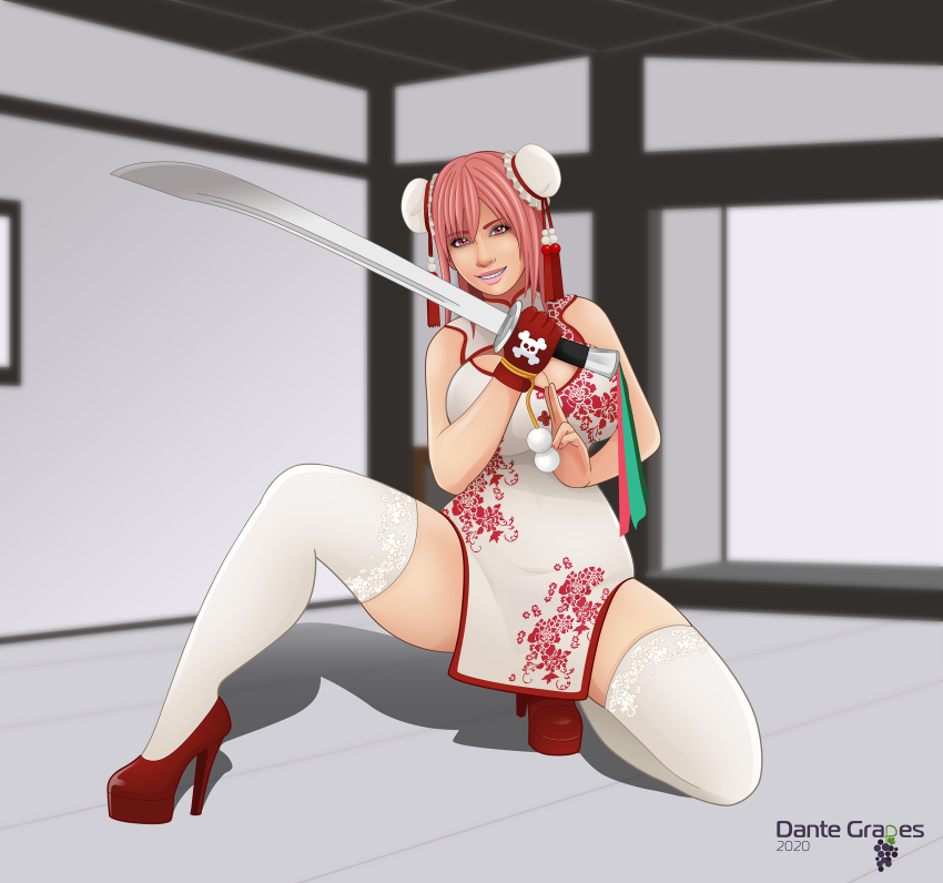 absurdres chinese_clothes dante_grapes dao_(weapon) dead_or_alive hair_buns high_heels highres honoka_(doa) kung_fu martial_arts pink_hair red_eyes smile sword team_ninja tecmo thighhighs weapon