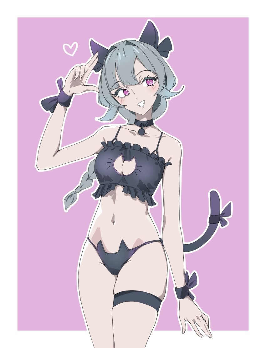 1girl animal_ears arm_up bikini black_bikini black_collar blush border braid breasts cat_ears cat_girl cat_tail cleavage cleavage_cutout clothing_cutout collar commentary cowboy_shot eyelashes grey_hair heart highres long_hair navel notaren original outline pink_background pink_eyes simple_background single_braid smile standing stomach swimsuit tail teeth thigh_strap white_border white_outline
