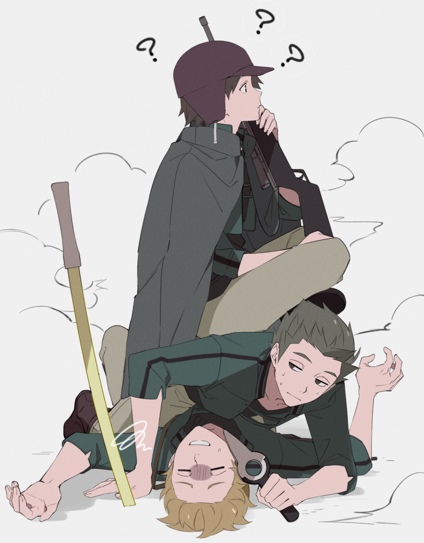 3boys ? arm_support betsuyaku_taichi black_hair blonde_hair boots facing_viewer gloom_(expression) green_jacket grey_background grey_cloak grey_pants grin gun half-closed_eyes hand_up hat highres holding holding_gun holding_weapon jacket kuruma_tatsuya looking_at_another looking_away lying lying_on_person multiple_boys murakami_kou on_back on_stomach pants planted planted_sword planted_weapon profile rifle short_hair sideways_glance sitting sitting_on_person three-quarter_sleeves smile smoke sniper_rifle spiked_hair squiggle sweatdrop sword weapon world_trigger yawai_tofu
