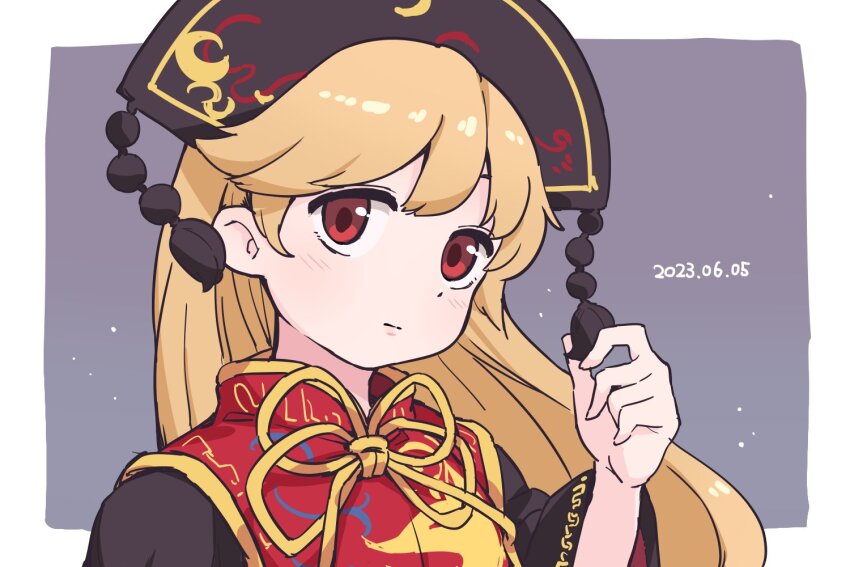 1girl animal_print bird_print black_dress black_hat blonde_hair border bow bowtie breasts chinese_clothes closed_mouth crescent crescent_print dated dress hair_between_eyes hand_up hat itatatata junko_(touhou) junko_day long_hair long_sleeves looking_at_viewer mandarin_collar medium_breasts outside_border phoenix_crown phoenix_print pom_pom_(clothes) purple_background red_eyes red_tabard simple_background solo tabard touhou upper_body white_border wide_sleeves yellow_bow yellow_bowtie