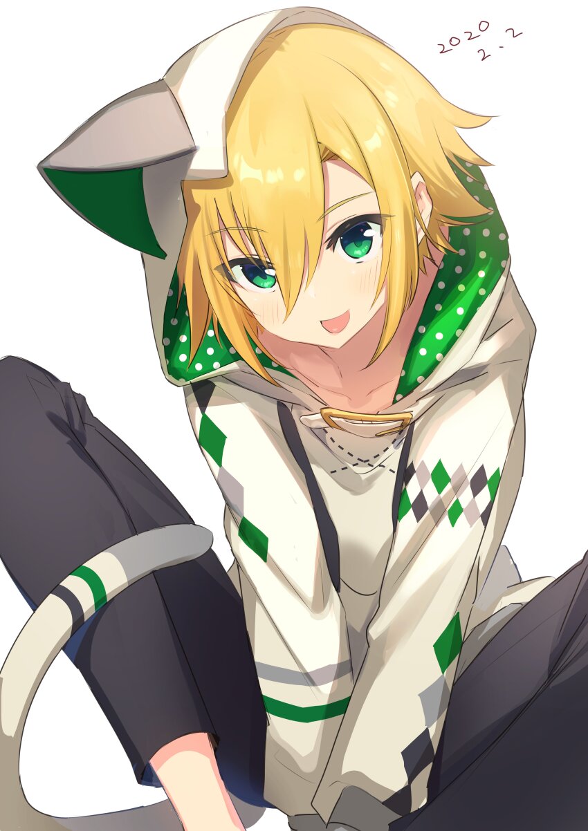 1boy 2020 absurdres animal_hood belt black_pants blonde_hair cat_hood cat_tail closed_mouth dated fake_tail fuubuu green_eyes hair_between_eyes highres hood hoodie looking_at_viewer male_focus nijisanji official_alternate_costume pants polka_dot short_hair simple_background sitting sketch smile solo tail tongue tongue_out uzuki_kou uzuki_kou_(2nd_costume) virtual_youtuber white_background white_belt white_hoodie
