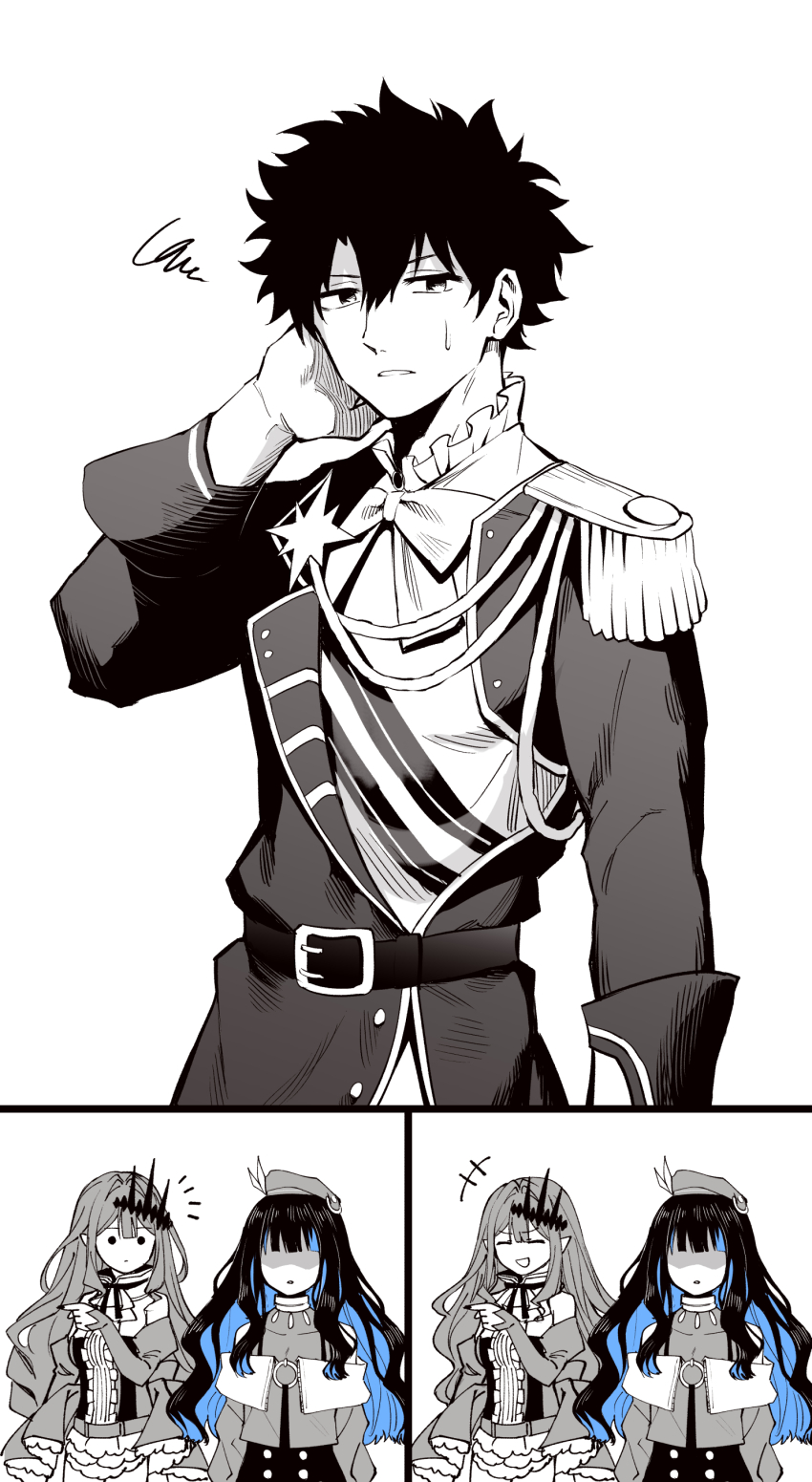 1boy 2girls absurdres baobhan_sith_(fate) baobhan_sith_(first_ascension)_(fate) beret bow bowtie buttons center_frills commentary_request detached_sleeves dress fate/grand_order fate_(series) frills fujimaru_ritsuka_(male) fujimaru_ritsuka_(male)_(halloween_royalty) greyscale hair_ornament hat highres hirunagi laughing long_hair long_sleeves monochrome multiple_girls official_alternate_costume pointing shaded_face shirt short_hair spot_color sweatdrop tenochtitlan_(fate) tenochtitlan_(second_ascension)_(fate) wavy_hair