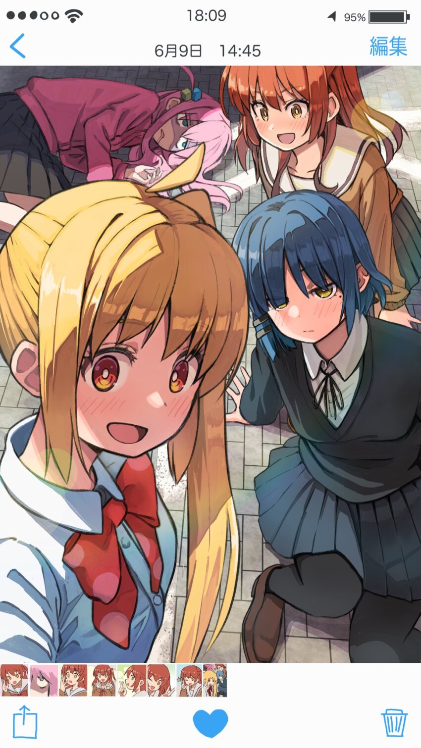 4girls ahoge black_pantyhose black_skirt blonde_hair blue_eyes blue_hair blush bocchi_the_rock! brown_footwear buttons closed_mouth collarbone collared_shirt cube_hair_ornament fake_screenshot gotoh_hitori hair_between_eyes hair_ornament highres ijichi_nijika jacket kita_ikuyo long_hair long_sleeves multiple_girls one_side_up open_mouth pantyhose pink_hair pink_jacket pleated_skirt red_eyes red_hair school_uniform shirt shoes short_hair shuka_high_school_uniform skirt smile toraneko white_shirt yamada_ryo yellow_eyes