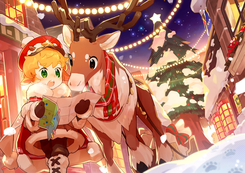 1boy absurdres animal animal_ears blonde_hair boots box brown_pants newsboy_cap cape child christmas christmas_tree coat deer_boy deer_ears feet_out_of_frame fur_collar gift gift_box green_eyes hat highres holding holding_map horizontal_pupils male_focus map mittens night open_mouth original outdoors pants paw_print red_cape red_coat reindeer saadiya74 short_hair sleigh snow snowing star_(sky) string_of_light_bulbs town walking winter