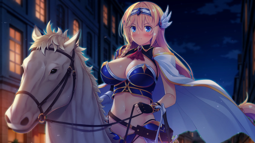 1girl alencia_jonah_elborg armor belt bikini bikini_armor blonde_hair blue_armor blue_bikini blue_eyes blush braid braided_ponytail breasts bridle building cape cleavage closed_mouth fingerless_gloves frown game_cg gloves hair_over_shoulder highres hinata_nao holding holding_reins horse horseback_riding large_breasts long_hair navel night night_sky non-web_source official_art reins riding scabbard sex_open_world_e_youkoso! sheath sheathed shoulder_armor single_braid sky swimsuit very_long_hair white_cape white_horse winged_hair_ornament