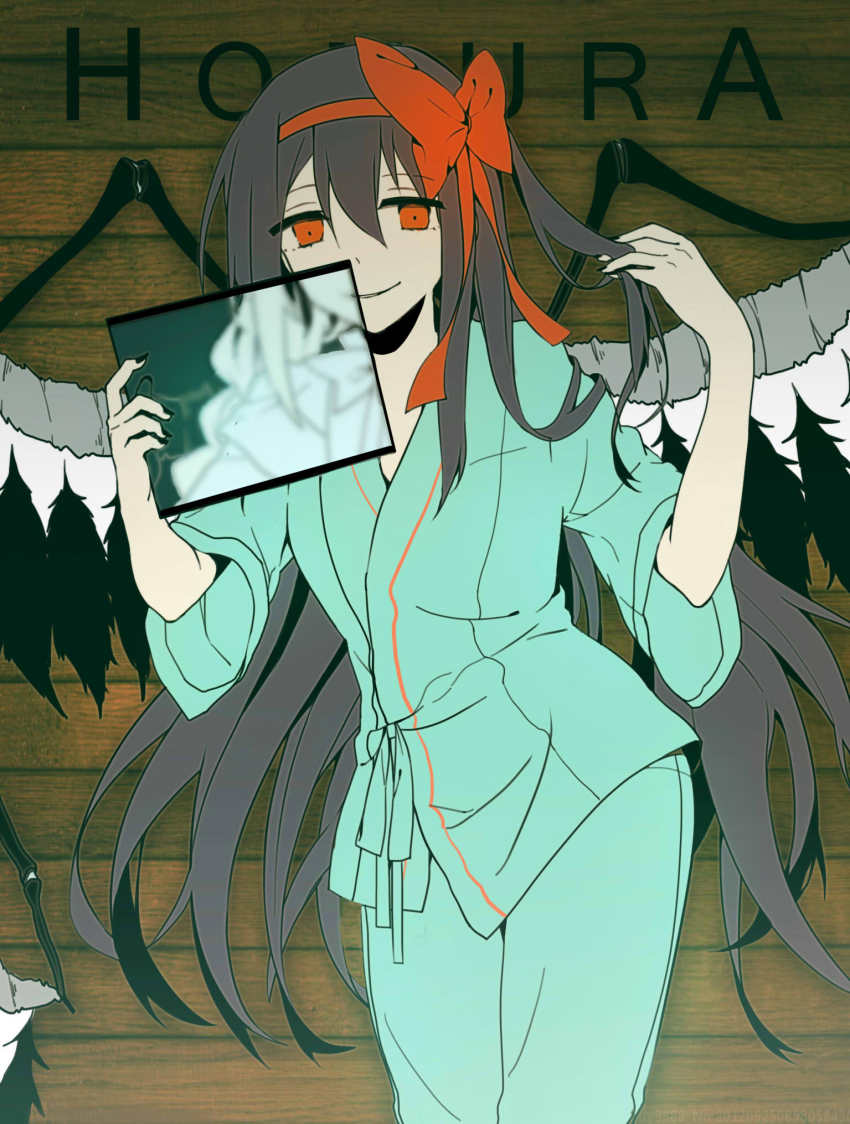 1girl akemi_homura akuma_homura black_hair bow braid character_name female_focus hair_bow highres hospital_gown kagerou_project long_hair mahou_shoujo_madoka_magica mahou_shoujo_madoka_magica:_hangyaku_no_monogatari parody red_eyes smile solo spoilers very_long_hair wings x-ray zgxuke