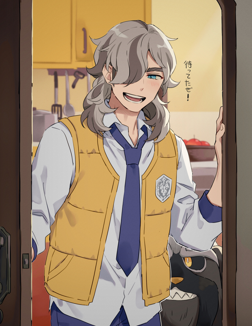 1boy apple aqua_eyes arm_up arven_(pokemon) blush brown_hair collared_shirt commentary_request cupboard dog door food fruit hair_over_one_eye highres kaminokefusa long_hair long_sleeves mabosstiff male_focus necktie nintendo one_eye_covered open_door open_mouth pants pokemon pokemon_(creature) pokemon_sv purple_necktie purple_pants school_emblem school_uniform sharp_teeth shirt spatula teeth toaster tongue uva_academy_school_uniform vest white_shirt wing_collar yellow_eyes yellow_vest