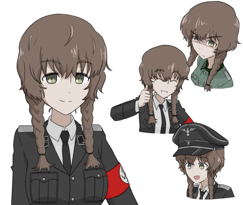 :d amane_suzuha black_cat03 braid brown_hair collar_tabs collared_shirt commission eyebrows_hidden_by_hair germany green_eyes hat hat_ornament jacket military_dress_uniform military_hat military_jacket military_uniform nazi nazi_flag necktie open_mouth reichsadler shirt siegrunen skull_hat_ornament smile ss_insignia ss_uniform steins;gate swastika totenkopf twin_braids waffen-ss world_war_ii