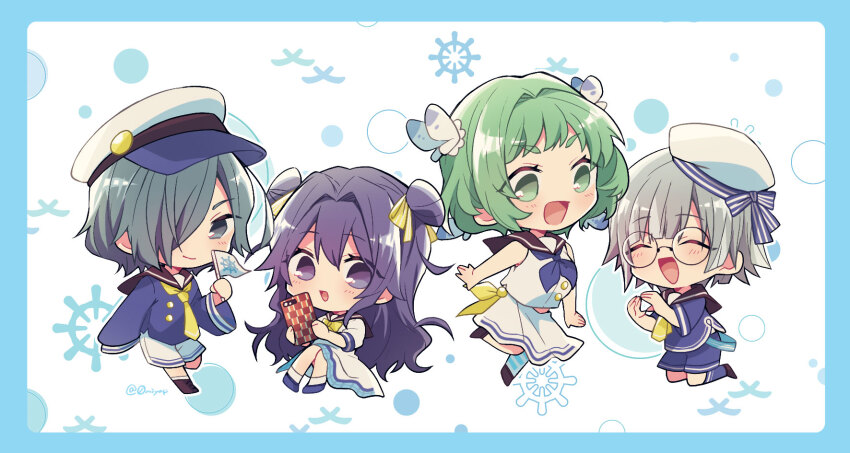 0miyap 4girls bug butterfly butterfly_on_head chibi chibi_only dress female_focus flag green_eyes green_hair grey_eyes grey_hair hat hifumi_suu highres holding holding_flag holding_phone insect kimi_no_koto_ga_dai_dai_dai_dai_daisuki_na_100-nin_no_kanojo matching_hair/eyes multiple_girls nakaji_uto phone purple_eyes purple_hair sailor_collar sailor_dress sailor_hat sailor_shirt shirt smile twitter_username yasashiki_yamame yoshimoto_shizuka