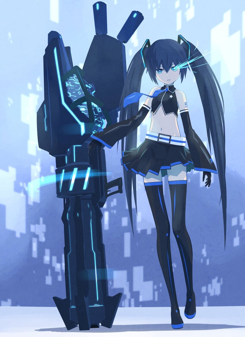 32zzz arm_tattoo black_gloves black_hair black_rock_shooter black_rock_shooter_(character) black_rock_shooter_(character)_(cosplay) black_skirt black_thighhighs blue_eyes blue_necktie cannon cosplay crossover detached_sleeves flaming_eye gloves hair_between_eyes hatsune_miku highres huge_weapon long_hair long_sleeves miku miku_(cosplay) miniskirt necktie rock_cannon skirt tattoo thighhighs twintails vocaloid weapon
