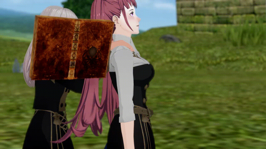 20s 2girls 3d animated animated_gif black_dress black_shirt black_skirt book breasts catalepsy dress expressionless female_focus fire_emblem fire_emblem:_three_houses floating from_side garreg_mach_monastery_uniform gold_trim grass hands_on_another&#039;s_shoulders head_out_of_frame hilda_valentine_goneril hypnosis intelligent_systems large_breasts long_hair looping_animation lysithea_von_ordelia magic matching_hair/eyes mind_control multicolored_dress multiple_girls nintendo open_mouth outdoors parted_lips pink_eyes pink_hair ponytail rocking school_uniform shirt sidelocks skirt source_filmmaker_(medium) standing stiff submission twintails vynil white_dress white_hair