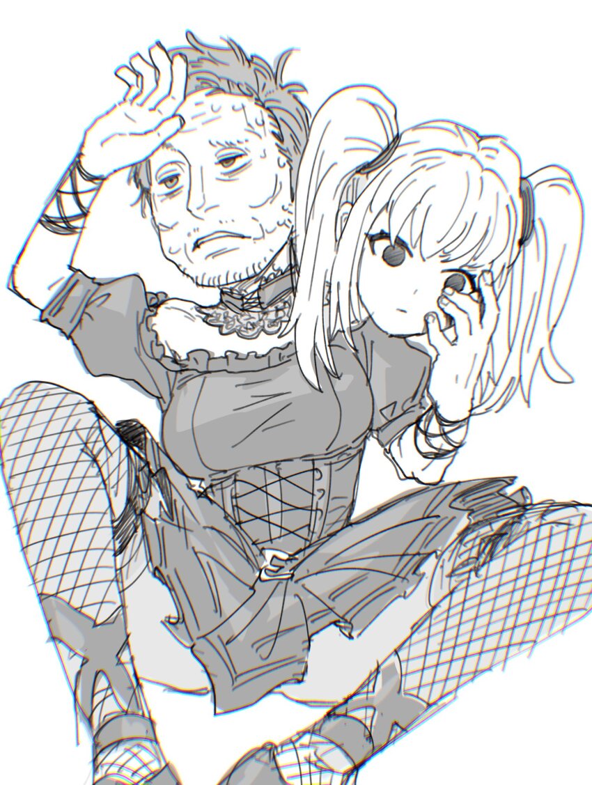 1boy ani_(xai) ani_(xai)_(cosplay) arm_up breasts choker chromatic_aberration commentary corset cosplay crossdressing crossdressing_(mtf) elon_musk fishnet_thighhighs fishnets greyscale highres holding holding_mask kazkitashima lace-trimmed_choker lace_trim large_breasts male_focus mask monochrome puffy_short_sleeves puffy_sleeves real_life short_sleeves simple_background solo sweat thighhighs twitter white_background wiping_sweat xai_(company)