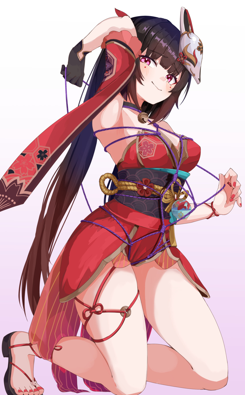1girl absurdres bdsm bell black_choker black_gloves black_hair black_sandals breasts choker commentary_request excella_(delltothu) floral_print fox_mask full_body gloves gradient_background highres honkai:_star_rail honkai_(series) japanese_clothes jingle_bell kimono kneeling long_hair mask mask_on_head medium_breasts nail_polish neck_bell o-ring o-ring_thigh_strap obi obiage obijime pink_eyes purple_rope red_kimono red_nails rope sandals sash shibari short_kimono single_glove smile solo sparkle_(honkai:_star_rail) thigh_strap toenail_polish toenails twintails very_long_hair wrist_cuffs