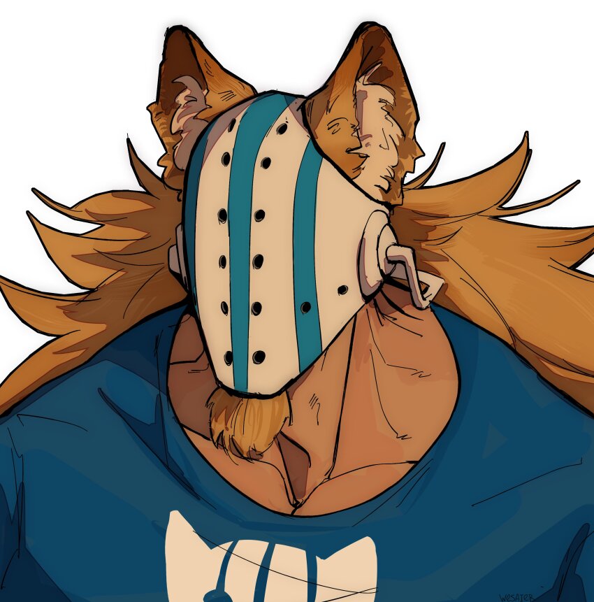 1boy absurdres animal_ear_fluff animal_ears bara blonde_hair cat_ears dark-skinned_male dark_skin facial_hair facial_hair_through_mask goatee highres hockey_mask kemonomimi_mode killer_(one_piece) large_pectorals long_hair male_focus mask muscular muscular_male one_piece pectoral_cleavage pectorals portrait shirt solo t-shirt wesaier