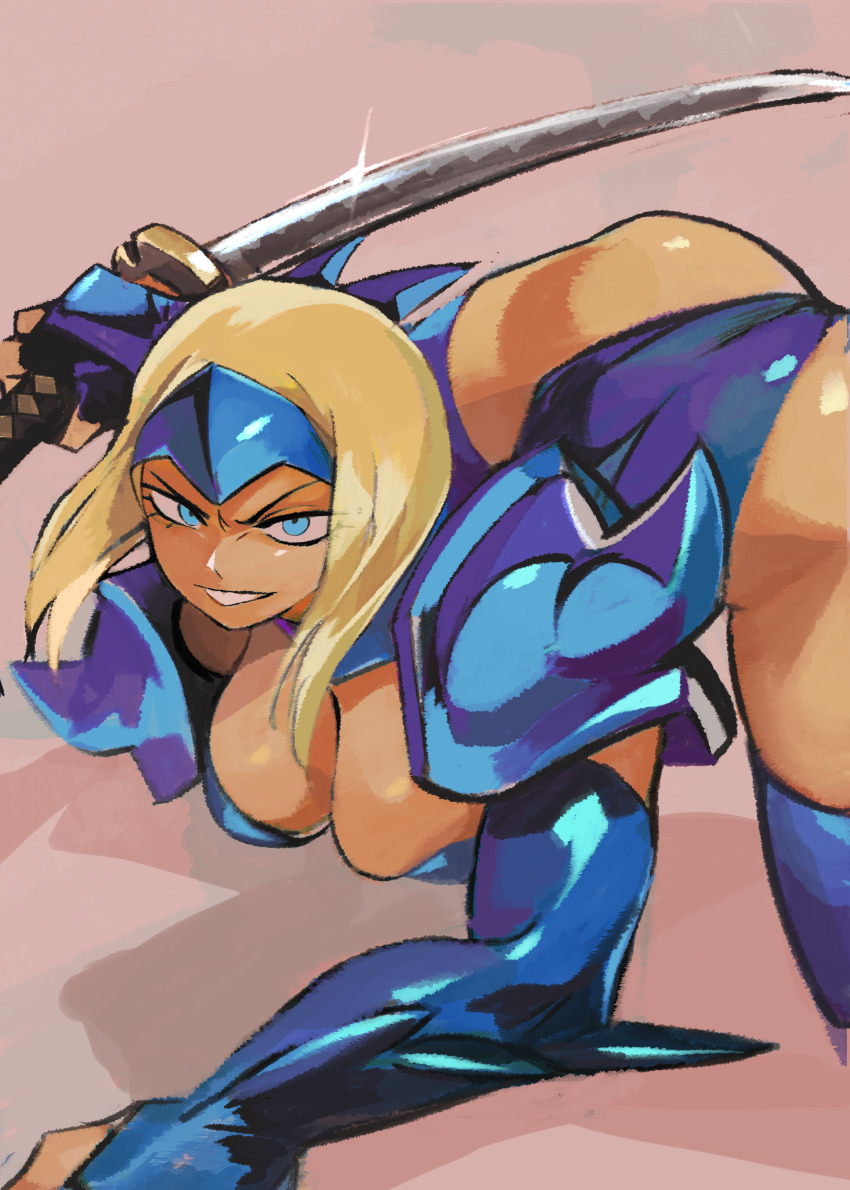 1girl 2023 33dot absurdres all_fours armor ass blonde_hair blue_boots blue_eyes blue_thighhighs boots breasts brown_background capcom cleavage feet_out_of_frame female_focus grin high_heel_boots high_heels highres katana legs_apart leotard long_hair looking_at_viewer marvel mizuki_(punisher) pauldrons pink_background reverse_grip serious shadow shoulder_armor shoulder_spikes smile solo spiked_pauldrons spikes sword the_punisher_(1993_game) the_punisher_(series) thigh_boots thighhighs thighs thong_leotard weapon