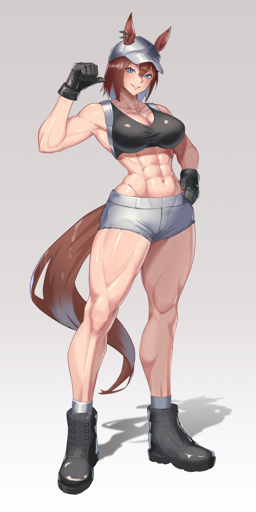 1girl abs absurdres animal_ears ankle_boots ankle_socks arm_up bare_shoulders black_boots black_gloves black_sports_bra blue_eyes boots breasts brown_hair cleavage collarbone commentary_request ear_piercing ears_through_headwear full_body gloves grey_background grey_shorts hair_between_eyes hand_on_own_hip hat hatch_(hatch24601) highres horse_ears horse_girl horse_tail large_breasts light_blush looking_at_viewer muscular muscular_female navel obliques original parted_lips piercing shadow short_hair short_shorts shorts sidelocks simple_background smile socks solo sports_bra standing stomach tail taut_clothes umamusume white_hat white_socks