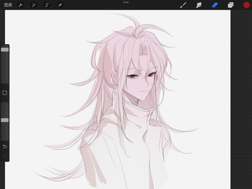 1boy antenna_hair art_program_in_frame c8h11o2n chinese_commentary closed_mouth commentary_request hatsutori_hajime highres jacket long_hair long_sleeves male_focus parted_bangs pink_hair procreate_(medium) procreate_(software) red_eyes saibou_shinkyoku simple_background smile solo upper_body variant_set white_background white_jacket