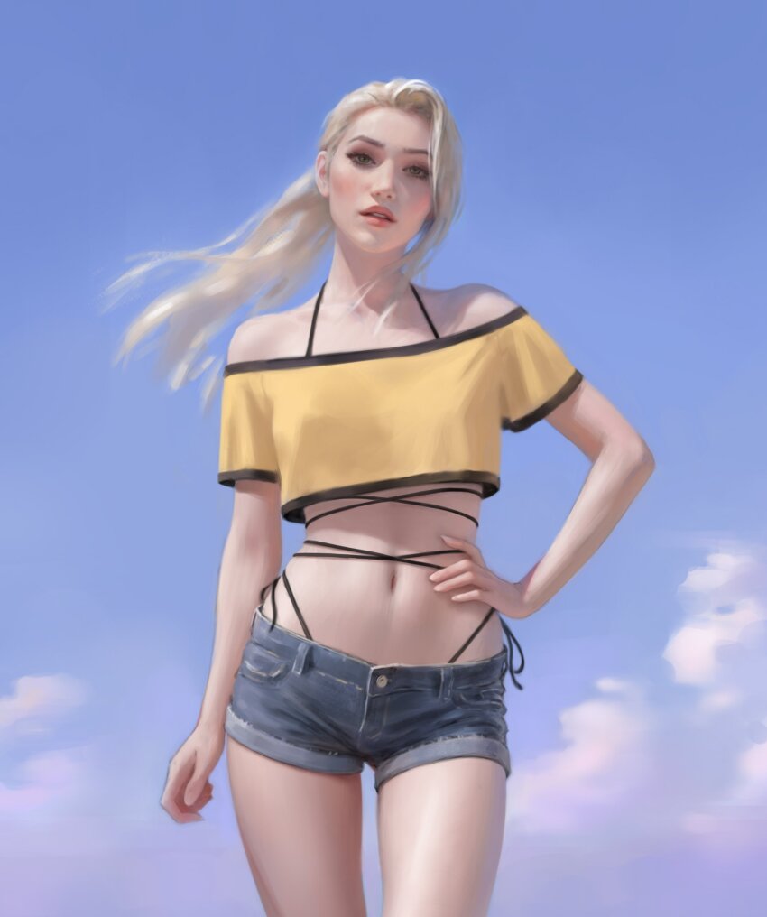 1girl absurdres bikini bikini_under_clothes blue_shorts blue_sky cloud cloudy_sky commentary cowboy_shot criss-cross_straps cropped_shirt denim denim_shorts english_commentary fivegarret hand_on_own_hip highres long_hair looking_at_viewer midriff navel off-shoulder_shirt off_shoulder original parted_lips shirt short_shorts shorts sky solo swimsuit white_hair yellow_shirt