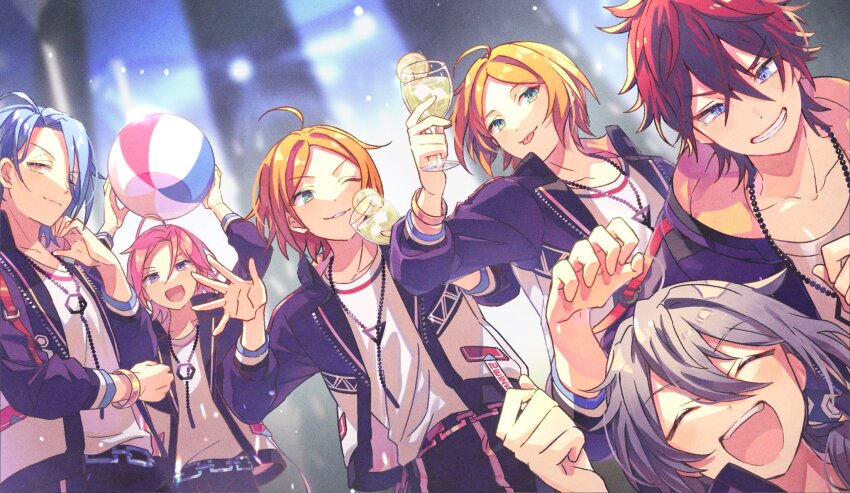 6+boys amagi_rinne aoi_hinata aoi_yuta ball beachball bishounen blurry blurry_background ensemble_stars! glass happy highres himeru_(ensemble_stars!) holding holding_ball holding_beachball male_focus matching_outfits multiple_boys nagatsukiariake oukawa_kohaku shiina_niki