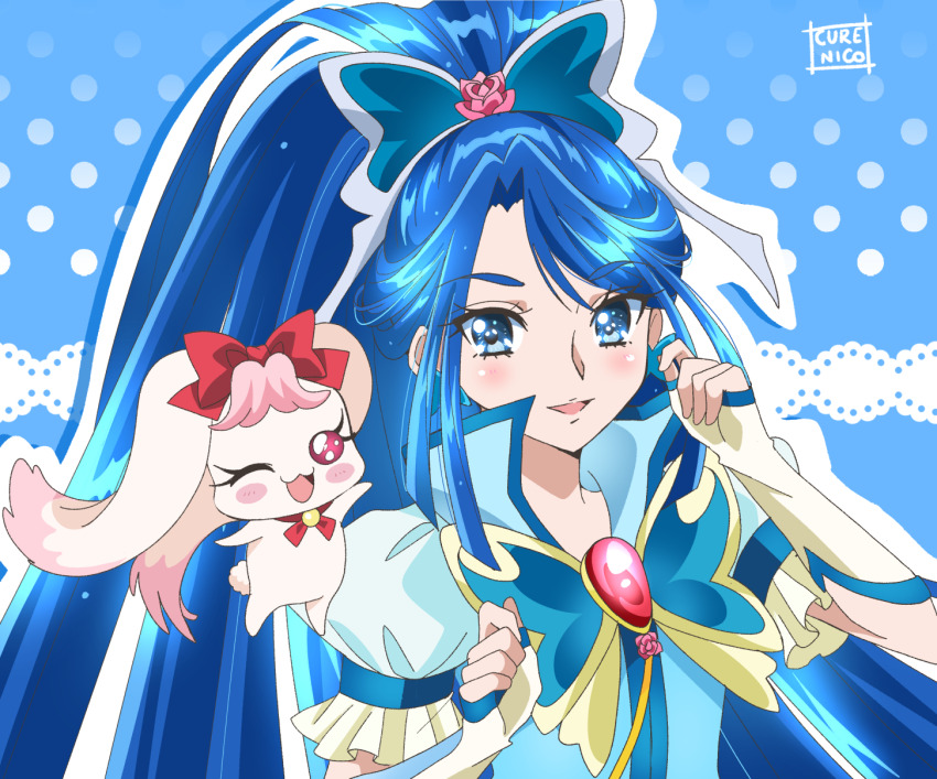 2girls artist_name blue_dress blue_eyes blue_hair blue_vest blush bow brooch butterfly_brooch butterfly_earrings butterfly_hair_ornament cure_aqua cure_nico dress earrings fairy fingerless_gloves flower gloves hair_bow hair_flower hair_ornament highres jewelry long_hair magical_girl milk_(yes!_precure_5) minazuki_karen multiple_girls neck_ribbon one_eye_closed open_mouth ponytail precure puffy_short_sleeves puffy_sleeves rabbit red_bow red_eyes red_ribbon ribbon short_sleeves smile two-tone_gloves upper_body very_long_hair vest yes!_precure_5 yes!_precure_5_gogo!