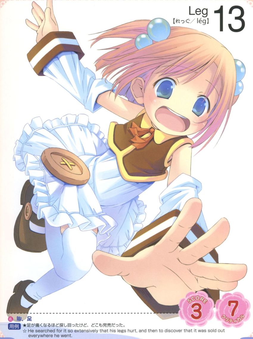 00s 1girl blue_eyes buttons detached_sleeves english_text engrish_text female_focus hair_bobbles hair_ornament highres large_buttons moetan nijihara_ink pink_hair pop queen&#039;s_blade queen&#039;s_gate ranguage short_hair solo thighhighs tripping