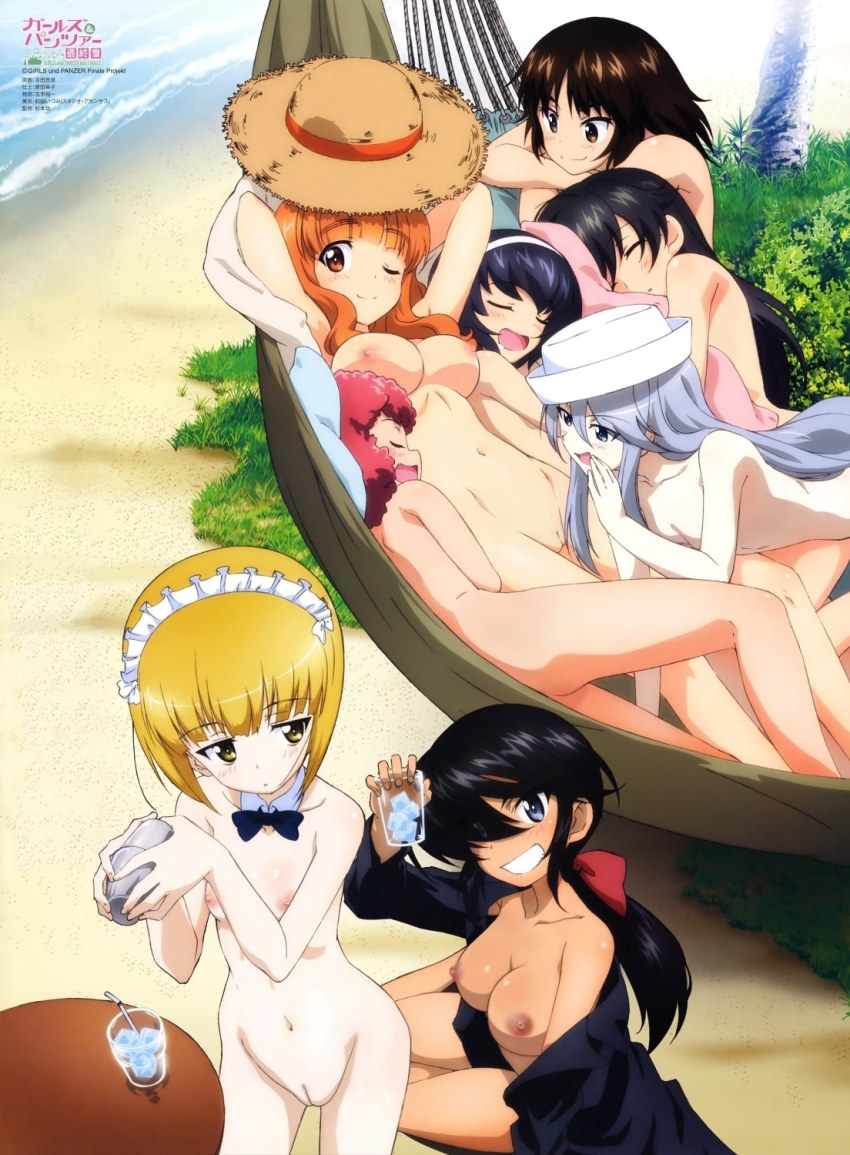10s 6+girls :d beach black_hair blonde_hair bow bowtie breasts brown_eyes brown_hair cleft_of_venus completely_nude cutlass_(girls_und_panzer) day flint_(girls_und_panzer) girls_und_panzer glass grass grey_eyes grey_hair hair_ribbon hairband hammock hat head_on_arm highres holding ice ice_cube isuzu_hana large_breasts legs long_hair lying maid_headdress multiple_girls murakami_(girls_und_panzer) navel nipples nude nude_filter ogin_(girls_und_panzer) on_back on_side one_eye_closed one_eye_covered open_clothes open_mouth open_shirt orange_hair outdoors palm_tree pussy red_hair reizei_mako resting ribbon rum_(girls_und_panzer) sailor_hat sand shaker shore short_hair sleeping small_breasts smile straw sun_hat table takebe_saori third-party_edit tree underboob water whispering yellow_eyes yoshida_kousuke