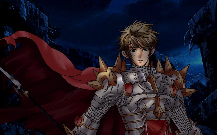 1boy armor blue_background blue_eyes breastplate brown_hair cape chainmail closed_mouth commentary_request frown gladiusms3 holding holding_polearm holding_weapon looking_at_viewer male_focus polearm ragnarok_online red_cape rune_knight_(ragnarok_online) short_hair solo spear spiked_pauldrons torn_cape torn_clothes upper_body weapon