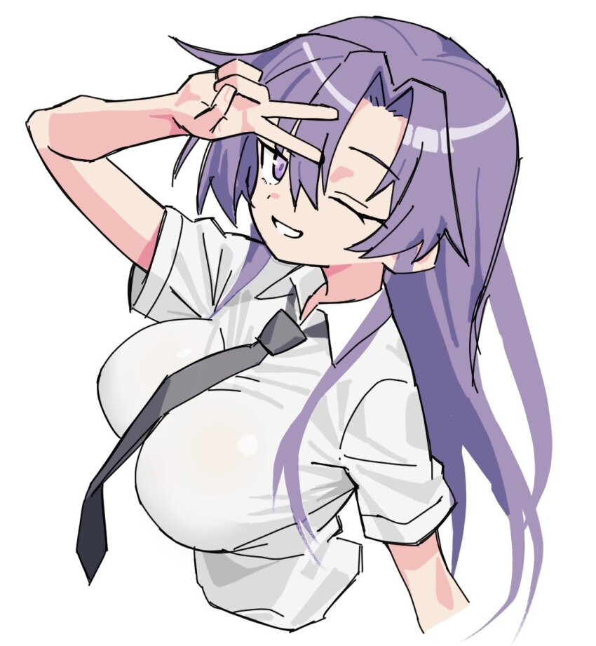 1girl breasts collared_shirt goshiki_agiri kill_me_baby large_breasts long_hair looking_at_viewer matuo3232 necktie one_eye_closed purple_eyes purple_hair shirt simple_background smile solo upper_body v white_background