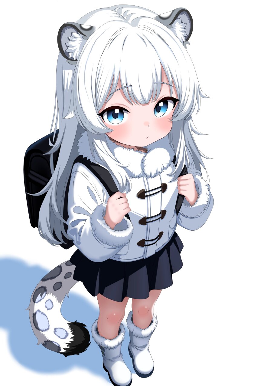 1girl absurdres animal_ear_fluff animal_ears backpack bag black_skirt blue_eyes boots child expressionless full_body fur-trimmed_boots fur-trimmed_jacket fur-trimmed_sleeves fur_trim furfik highres holding_strap jacket long_hair long_sleeves looking_at_viewer miniskirt original pleated_skirt randoseru shadow simple_background skirt snow_leopard_ears snow_leopard_girl snow_leopard_tail standing tail white_background white_boots white_hair white_jacket
