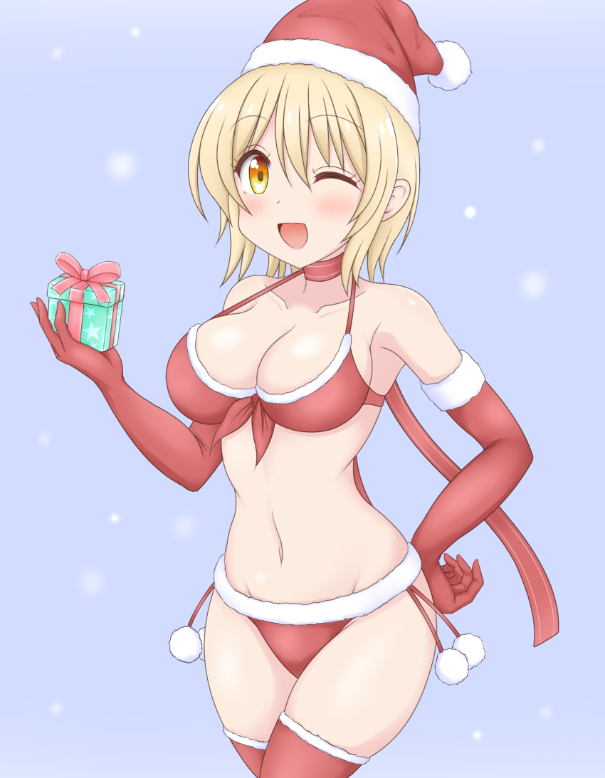 1girl arm_up bikini blonde_hair blush breasts choker cleavage elbow_gloves gift gloves hand_on_own_hip hat highres hoshikuzu_telepath medium_breasts navel one_eye_closed open_mouth red_bikini santa_bikini santa_costume santa_hat short_hair snow solo swimsuit takaragi_haruno tansan_0 thighhighs thighs yellow_eyes