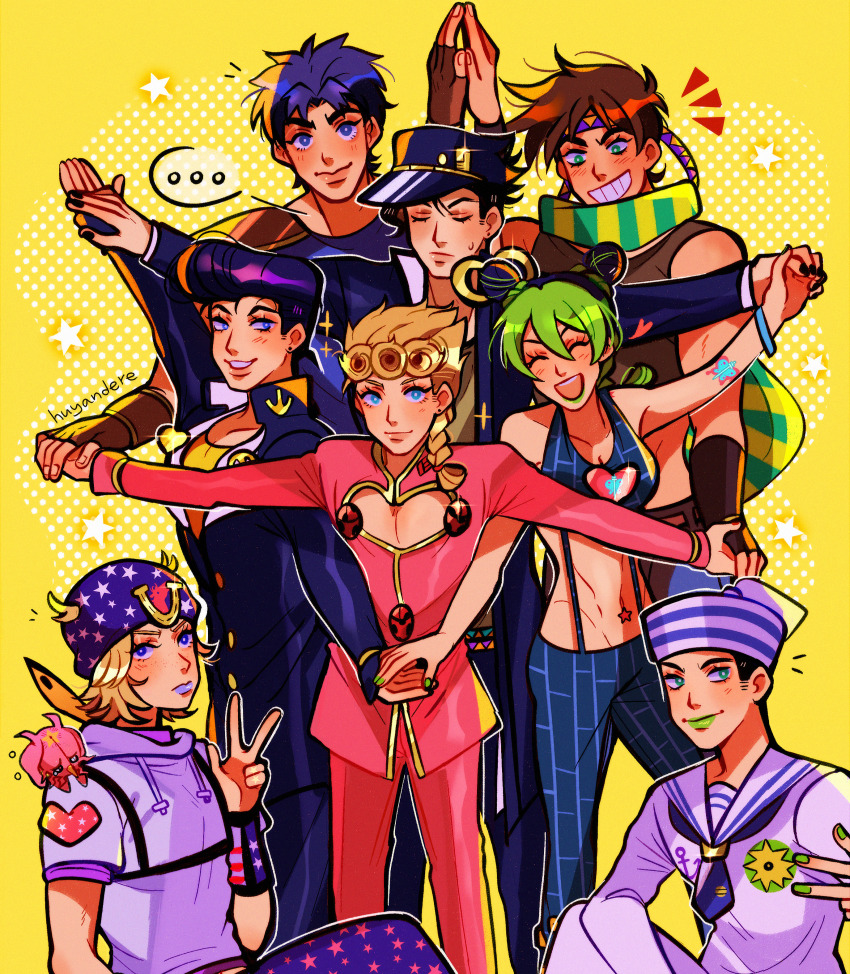 ... absurdres arm_tattoo battle_tendency black_hair blonde_hair blue_eyes blue_lips braid braided_ponytail breasts brooch brown_hair bug bun_with_braided_base chain cleavage cleavage_cutout closed_eyes clothing_cutout commentary diamond_wa_kudakenai dixie_cup_hat double_bun earrings english_commentary gakuran giorno_giovanna green_hair green_lips green_nails grin groin hair_bun hat headband higashikata_josuke highres holding_hands horseshoe huyandere insect jewelry johnny_joestar jojo_no_kimyou_na_bouken jojolion jonathan_joestar joseph_joestar joseph_joestar_(young) kuujou_jolyne kuujou_joutarou ladybug lowleg lowleg_pants medium_breasts military_hat multicolored_hair navel_piercing open_mouth pants phantom_blood piercing pompadour purple_hair sailor_collar sailor_shirt scarf school_uniform shirt single_braid smile spoken_ellipsis stand_(jojo) star_(symbol) star_print stardust_crusaders steel_ball_run stone_ocean striped_clothes striped_scarf stud_earrings tattoo tusk_(stand) tusk_act1 two-tone_hair vento_aureo w wristband
