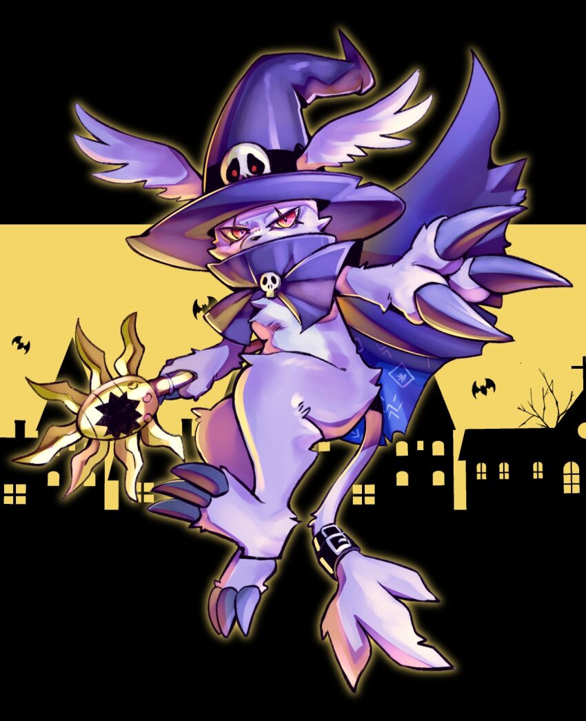 black_border black_cape black_hat body_fur border cape cosplay digimon digimon_(creature) gazimon grey_fur halloween hat highres holding holding_staff nui_(nuitt) red_eyes solo staff wizard_hat wizarmon wizarmon_(cosplay)